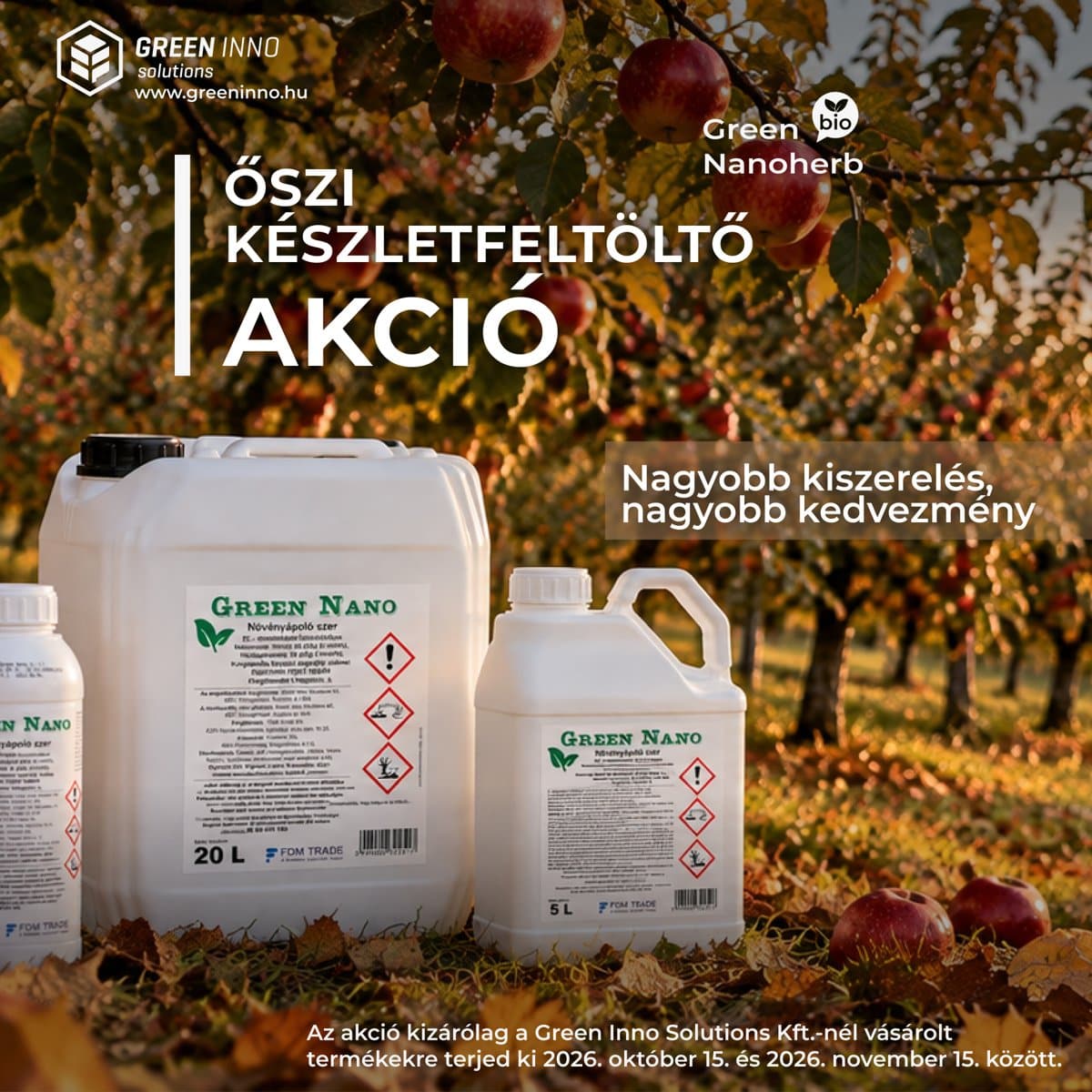 Green Nano 20, 5 és 1 literes kiszerelések őszi almáskertben